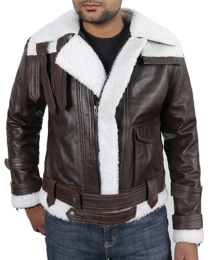 Leather Jackets Hub Mens Genuine Lambskin Leather Jacket (Brown, Shearling Jacket) - 1701068