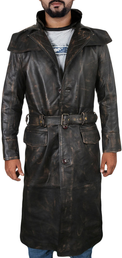 Leather Jackets Hub Mens Genuine Cow Ruboff Leather Long Coat (Black-Rubboff, Trench Coat) - 1802009
