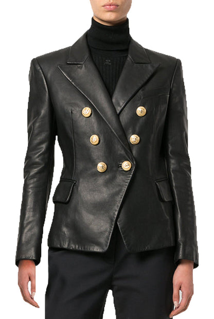 Leather Jackets Hub Womens Genuine Cowhide Leather Coat (Black, Officer Jacket) - 1821057