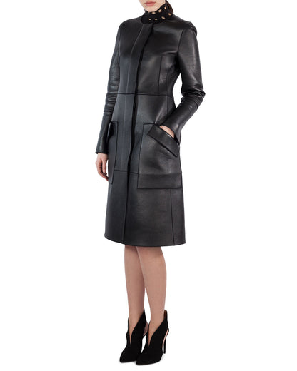 Leather Jackets Hub Womens Genuine Cowhide Leather Over Coat (Black, Officer Coat) - 1822002