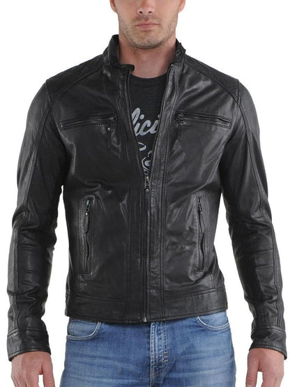  Leather Jackets Hub Mens Genuine Cowhide Leather Jacket (Black, Racer Jacket) - 1501625