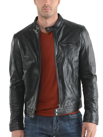  Leather Jackets Hub Mens Genuine Cowhide Leather Jacket (Black, Racer Jacket) - 1501624