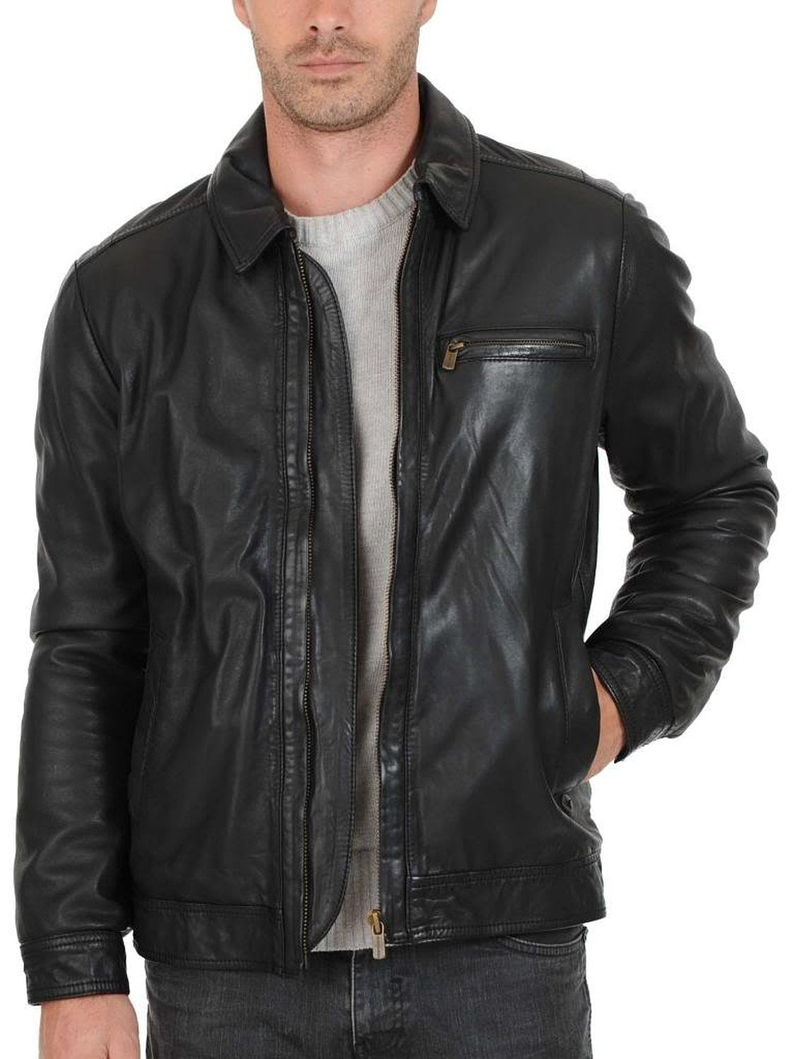 Leather Jackets Hub Mens Genuine Cowhide Leather Jacket (Black, Aviator Jacket) - 1501584
