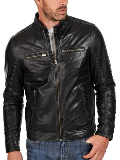  Leather Jackets Hub Mens Genuine Cowhide Leather Jacket (Black, Racer Jacket) - 1501631