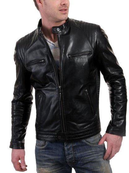 Leather Jackets Hub Mens Genuine Cowhide Leather Jacket (Black, Racer Jacket) - 1501626