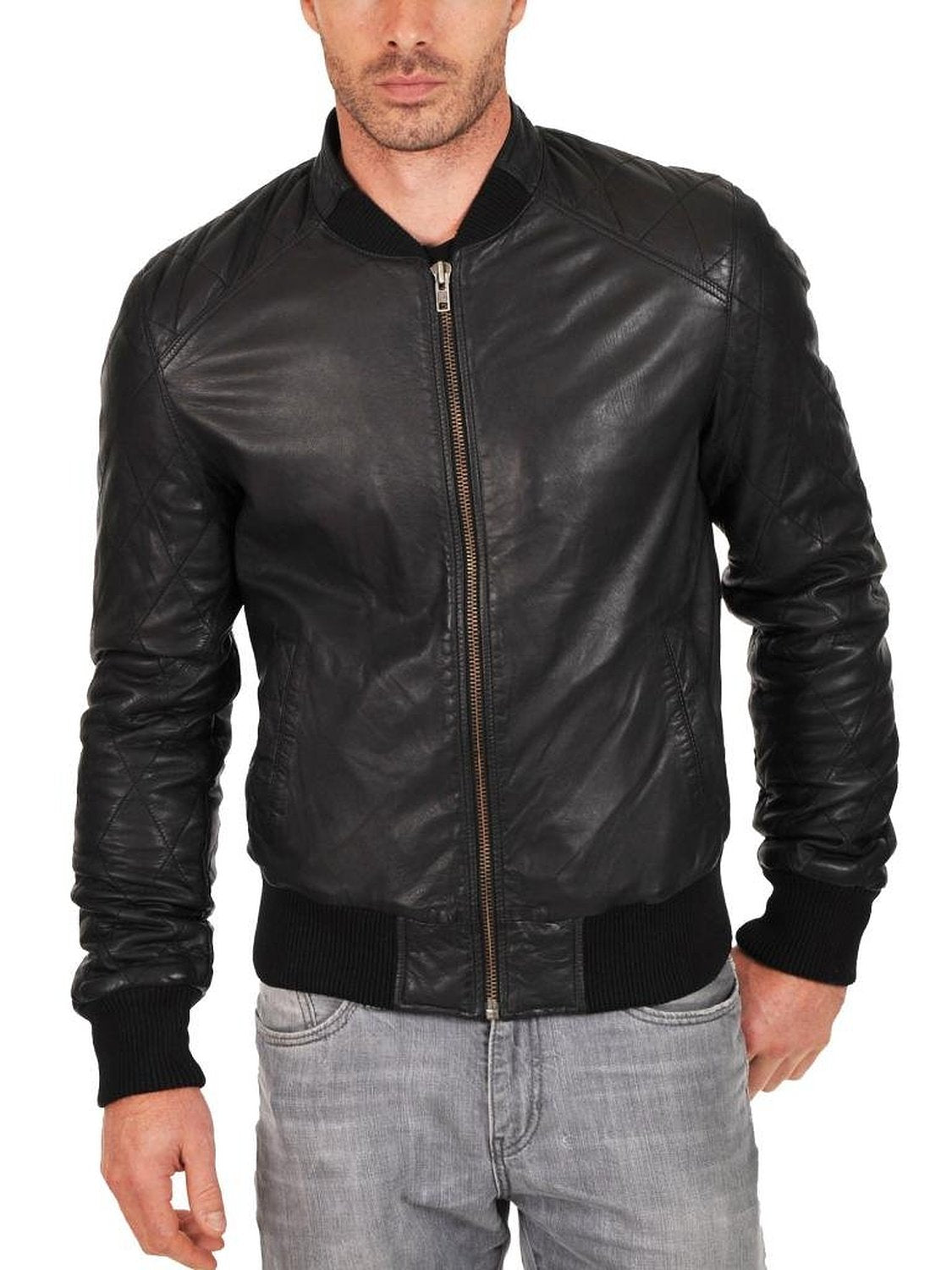 Leather Jackets Hub Mens Genuine Lambskin Leather Jacket (Black, Bomber Jacket) - 1501015