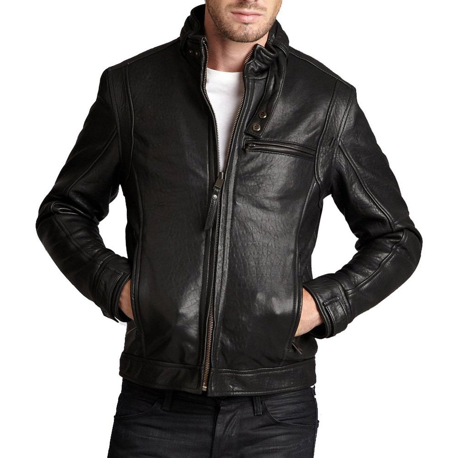 Leather Jackets Hub Mens Genuine Cowhide Leather Jacket (Black, Fencing Jacket) - 1501582