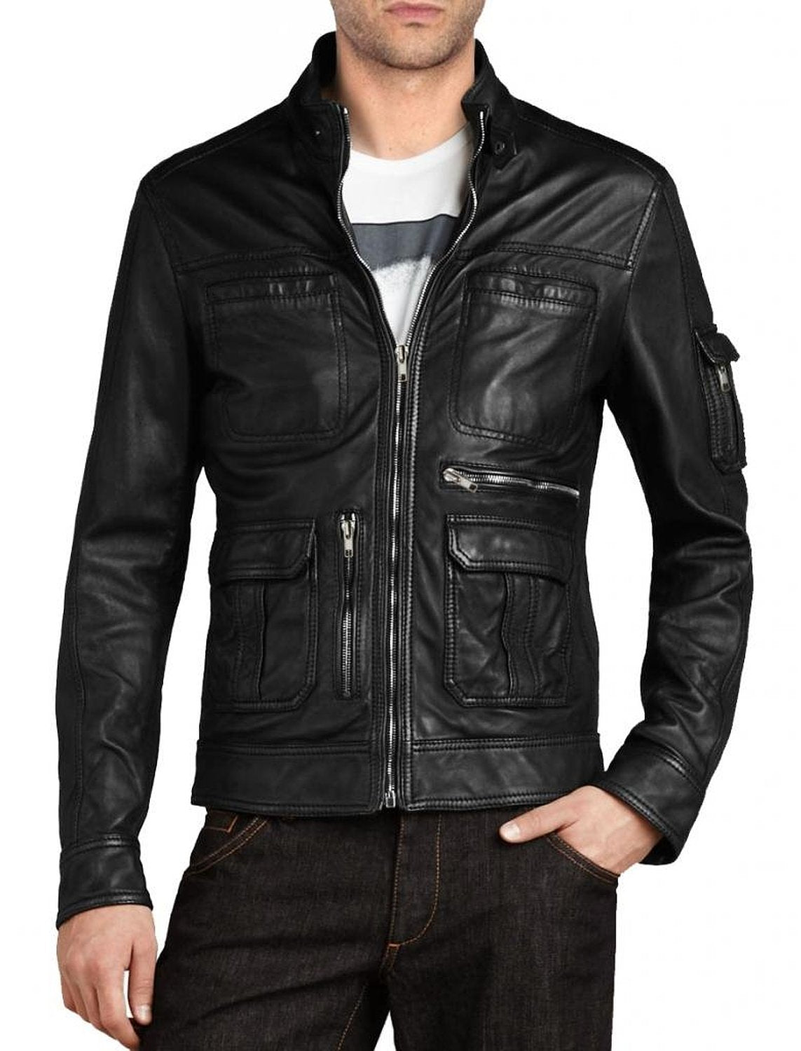 Leather Jackets Hub Mens Genuine Cowhide Leather Jacket (Black, Officer Jacket) - 1501593