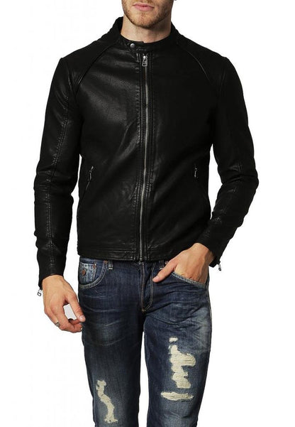  Leather Jackets Hub Mens Genuine Lambskin Leather Jacket (Black, Racer Jacket) - 1501122