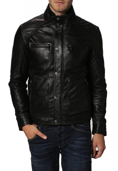  Leather Jackets Hub Mens Genuine Cowhide Leather Jacket (Black, Fencing Jacket) - 1501234