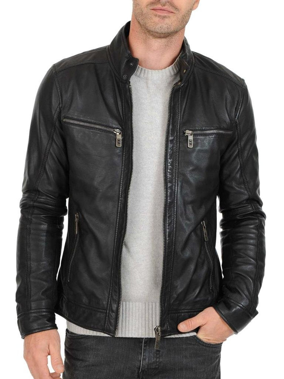 Leather Jackets Hub Mens Genuine Cowhide Leather Jacket (Black, Racer Jacket) - 1501500