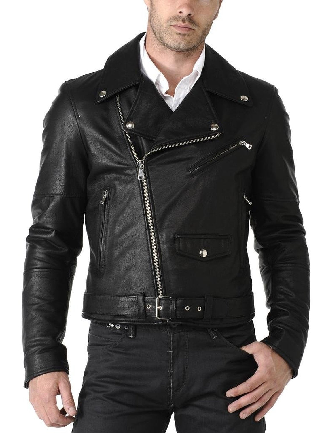 Leather Jackets Hub Mens Genuine Cowhide Leather Jacket (Black, Double Rider Jacket) - 1501043