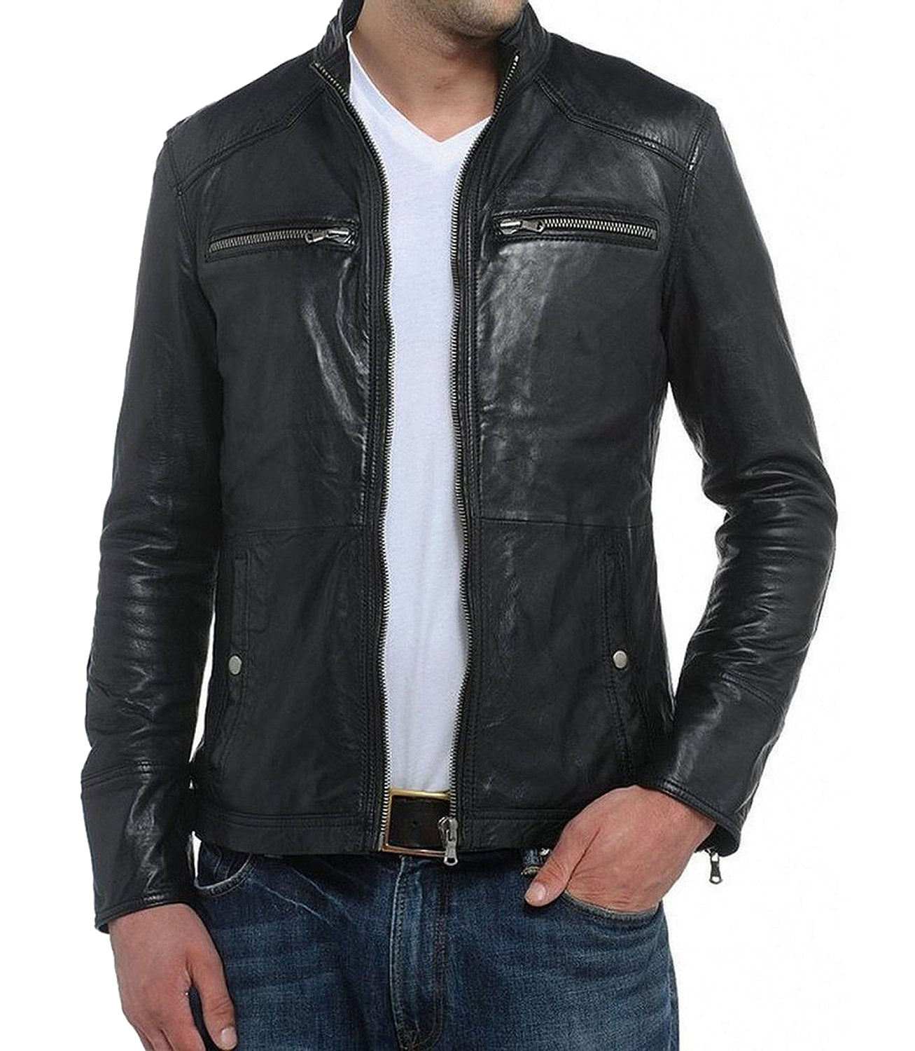 Leather Jackets Hub Mens Genuine Lambskin Leather Jacket (Black, Classic Jacket) - 1501217