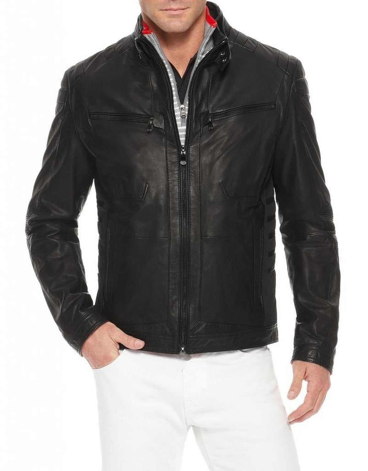 Leather Jackets Hub Mens Genuine Lambskin Leather Jacket (Black, Racer Jacket) - 1501156
