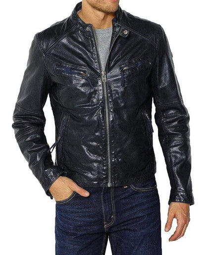  Leather Jackets Hub Mens Genuine Lambskin Leather Jacket (Black, Racer Jacket) - 1501328