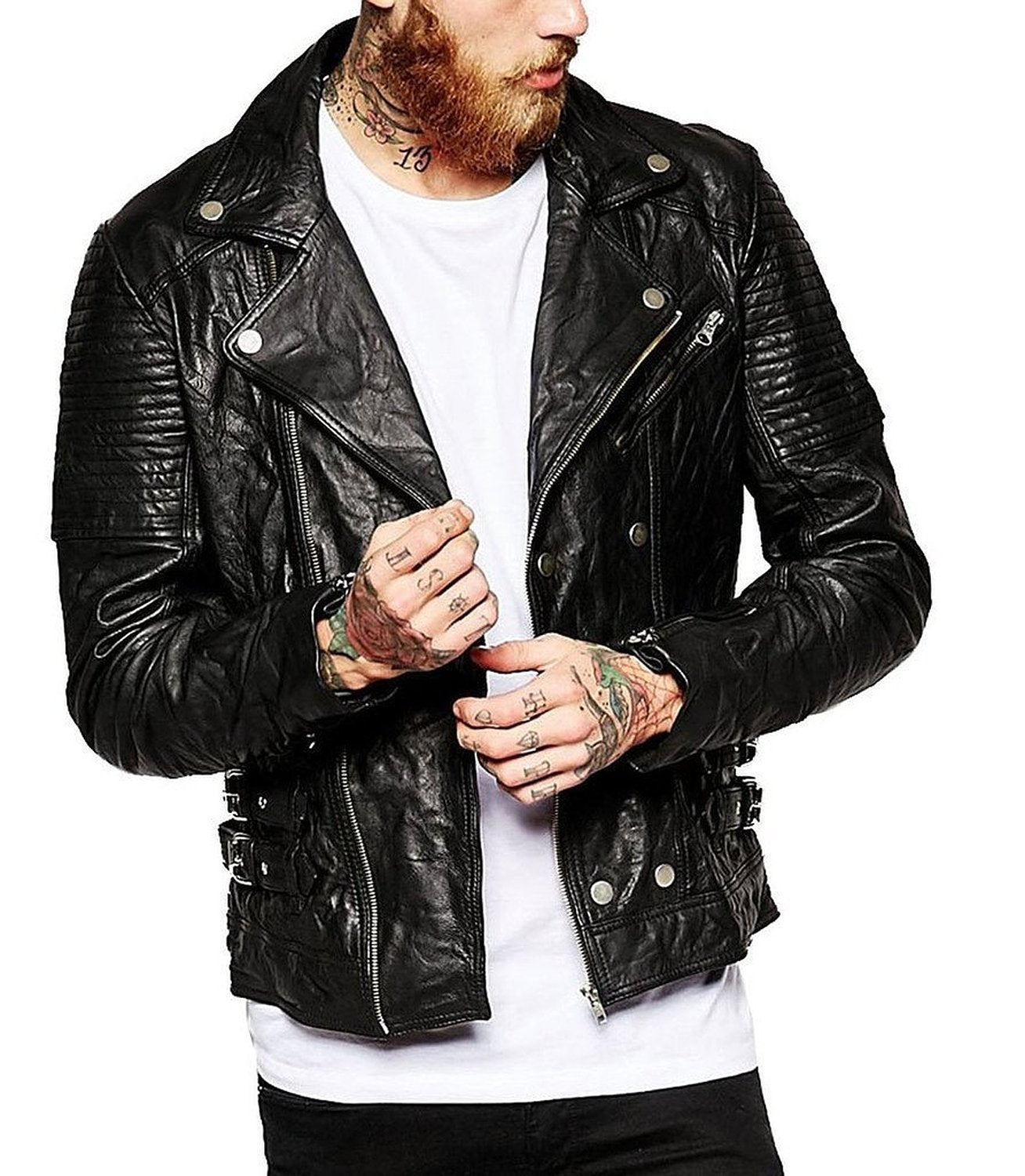 Leather Jackets Hub Mens Genuine Lambskin Leather Jacket (Black, Rocker Jacket) - 1501142