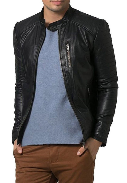  Leather Jackets Hub Mens Genuine Lambskin Leather Jacket (Black, Racer Jacket) - 1501193