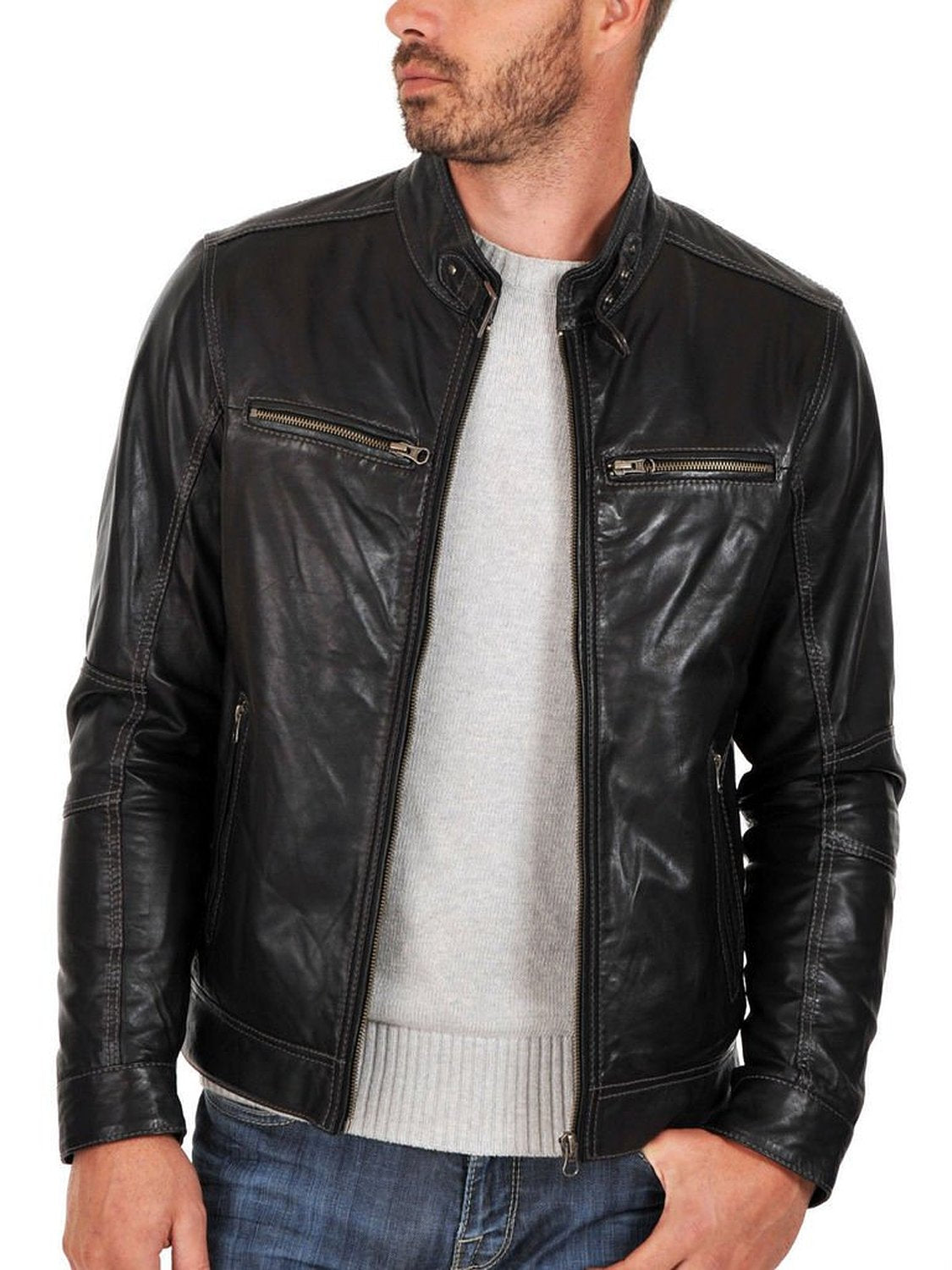 Leather Jackets Hub Mens Genuine Lambskin Leather Jacket (Black, Racer Jacket) - 1501254