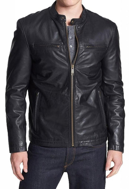  Leather Jackets Hub Mens Genuine Lambskin Leather Jacket (Black, Racer Jacket) - 1501021