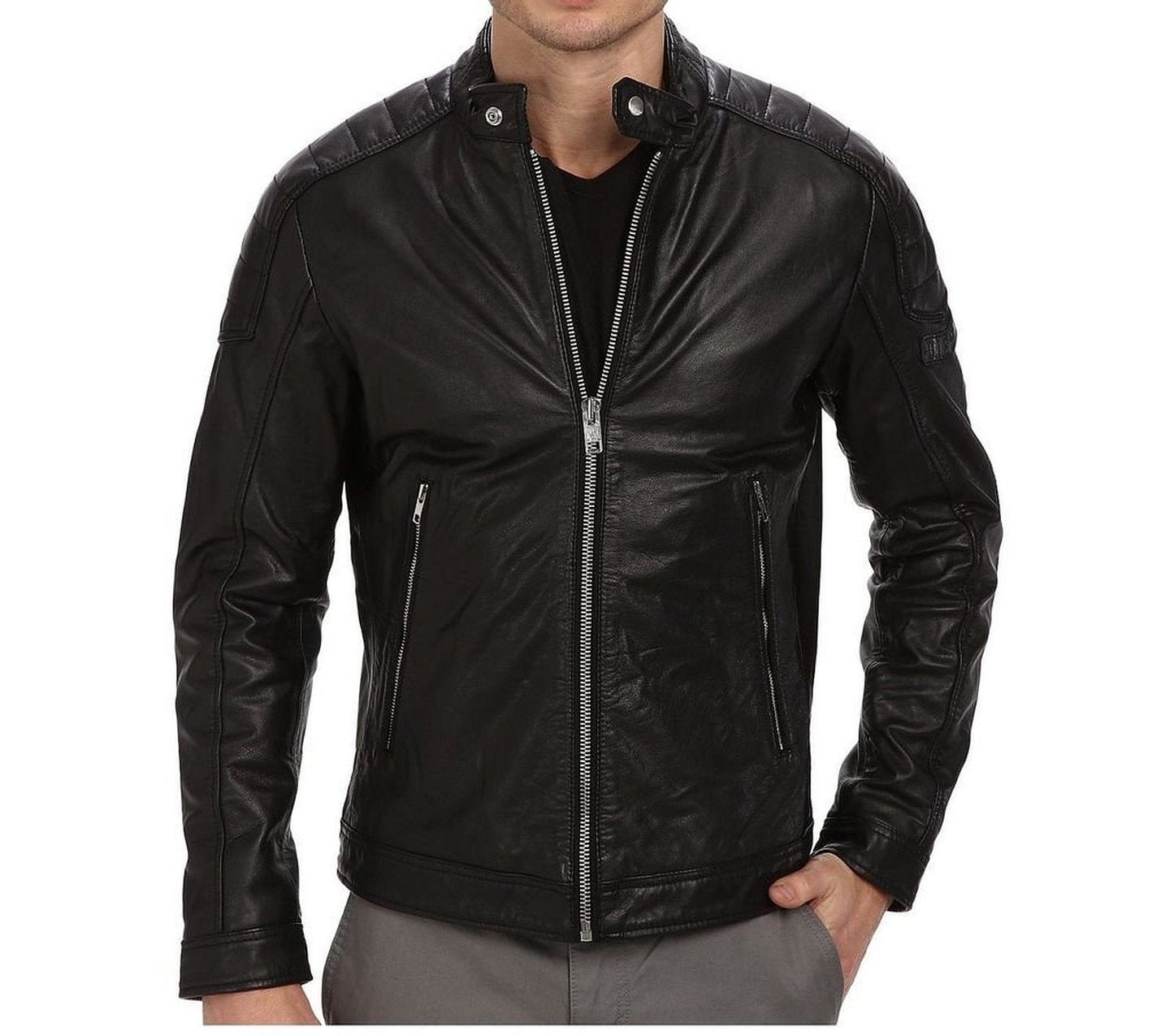 Leather Jackets Hub Mens Genuine Lambskin Leather Jacket (Black, Racer Jacket) - 1501026