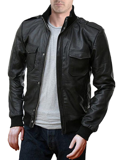 Leather Jackets Hub Mens Genuine Lambskin Leather Jacket (Black, Bomber Jacket) - 1501019