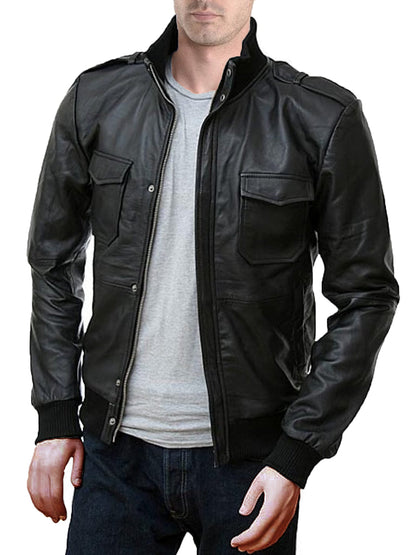  Leather Jackets Hub Mens Genuine Lambskin Leather Jacket (Black, Bomber Jacket) - 1501019