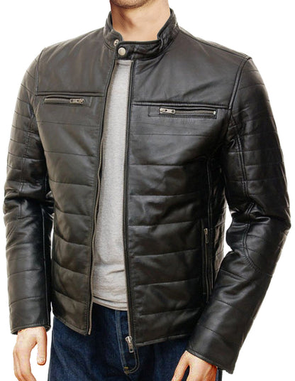  Leather Jackets Hub Mens Genuine Lambskin Leather Jacket (Black, Racer Jacket) - 1501139