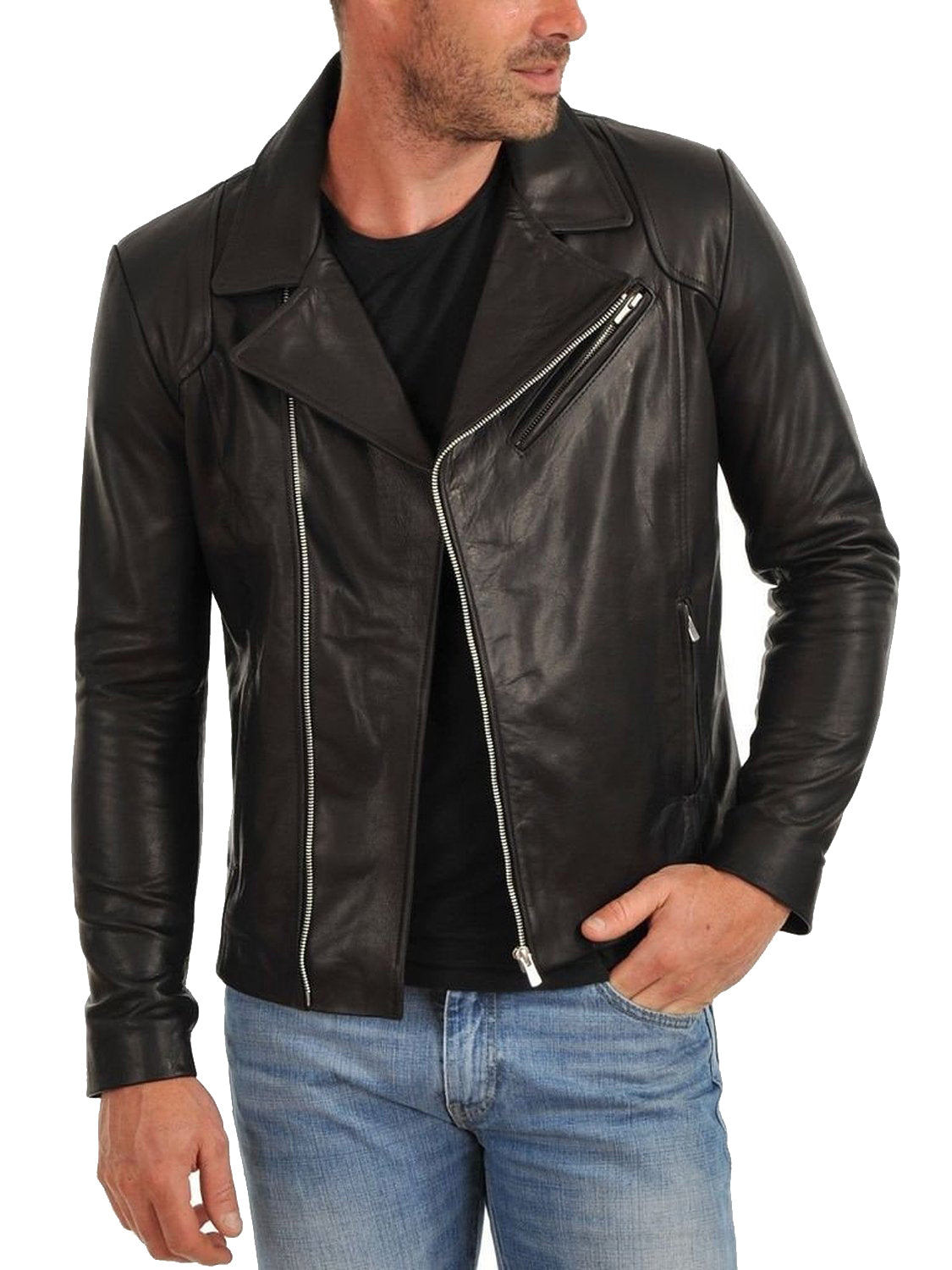 Leather Jackets Hub Mens Genuine Lambskin Leather Jacket (Black, Double Rider Jacket) - 1501260