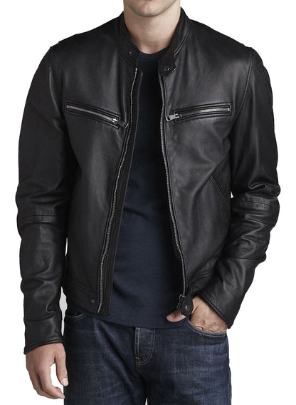  Leather Jackets Hub Mens Genuine Lambskin Leather Jacket (Black, Racer Jacket) - 1501316