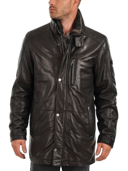  Leather Jackets Hub Mens Genuine Lambskin Leather Over Coat (Black, Long Coat) - 1502208