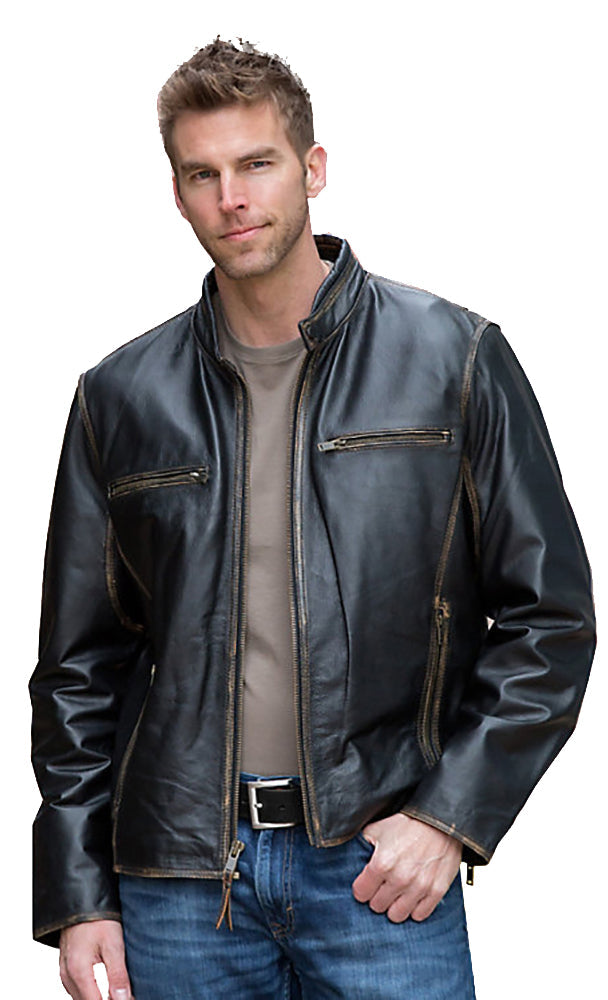 Leather Jackets Hub Mens Genuine Cowhide Leather Jacket (Black, Racer Jacket) - 1501638