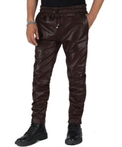 Brown@Aethor-Mens-Brown-Leather-Jogger-Pants