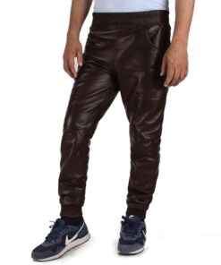 Brown@Delara-Mens-Brown-Leather-Jogger-Pants