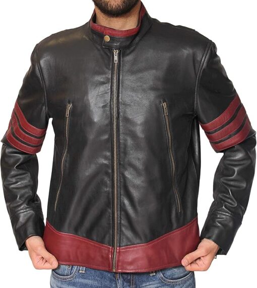 Black-Maroon@X-Men-Wolverine-Logan's-XO-Biker-Style-Leather Jacket-Front
