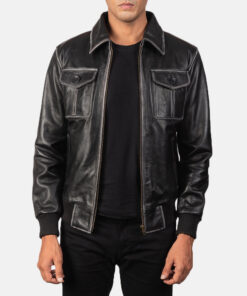 Distressed Black@Ulvora-Distressed-Black-Bomber-Leather-Jacket
