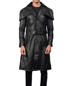 Black@Nyther cape backed lambskin leather duster coat for men with belt closure