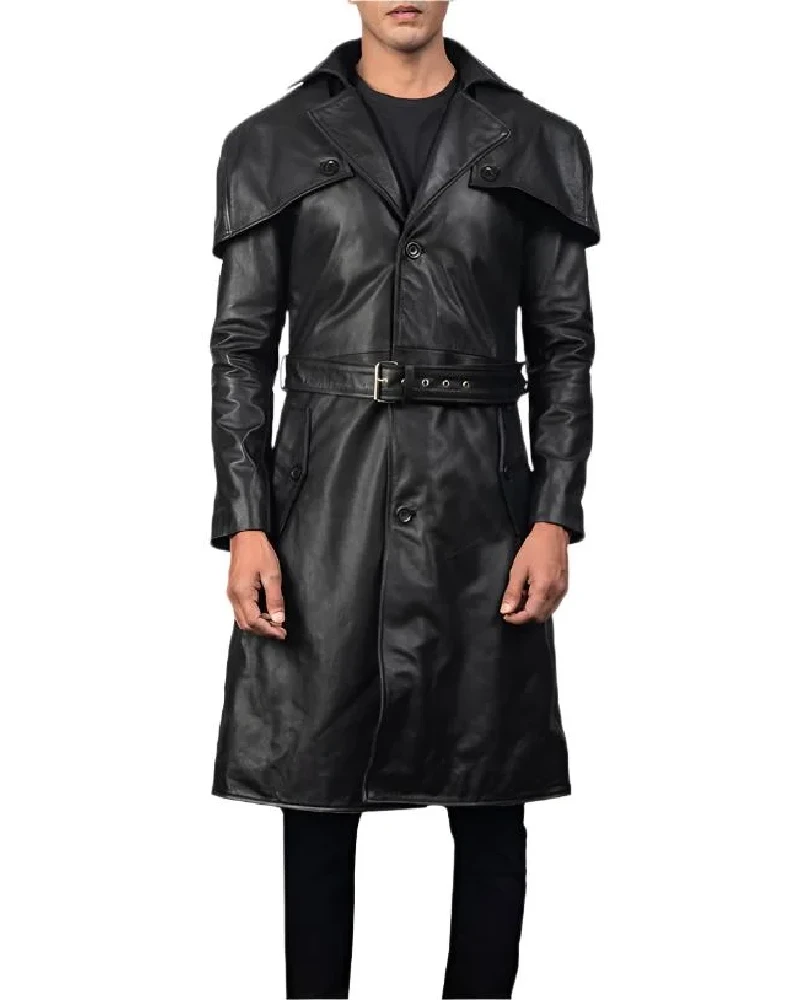 Black@Nyther cape backed lambskin leather duster coat for men with belt closure