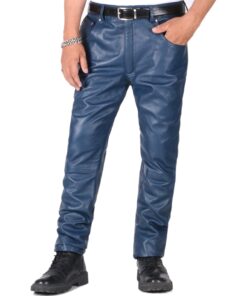 Navy Blue@Thalor-Mens-Blue-Slim-Fit-Leather-Pants