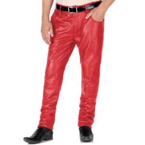 Red@Thalor-Mens-Red-Slim-Fit-Leather-Pants