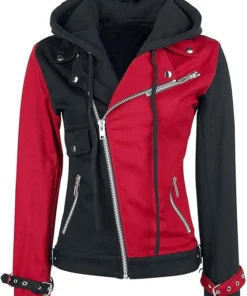 Harley Quinn Red Black Biker Hooded Jacket