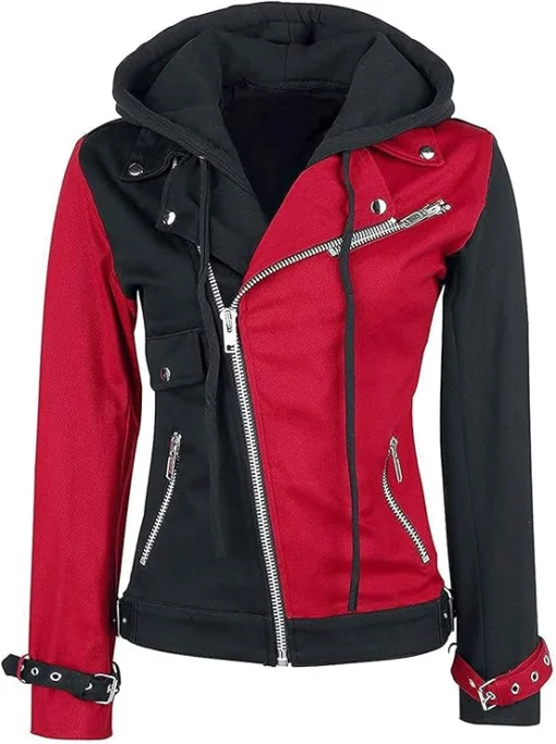 Harley Quinn Red Black Biker Hooded Jacket