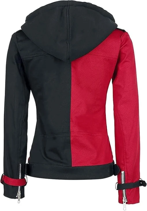 Harley Quinn Red Black Biker Hooded Jacket - Image 2
