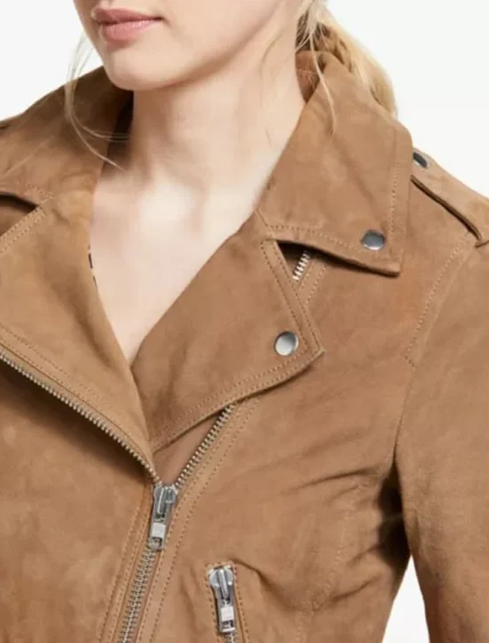 Abe Womens Real Suede Leather Brown Biker Jacket - Image 3