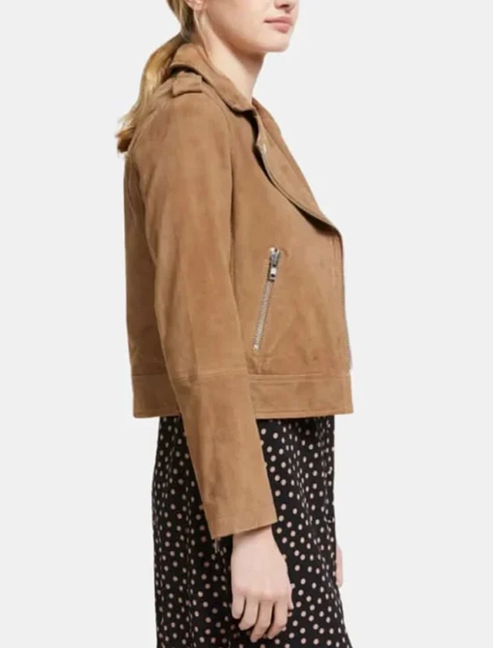 Abe Womens Real Suede Leather Brown Biker Jacket - Image 2