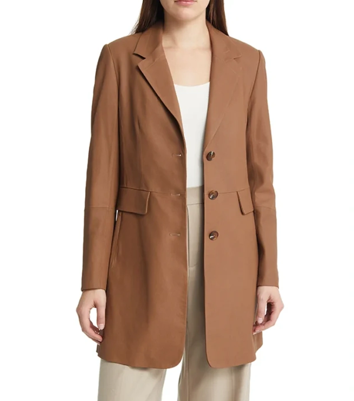 Addalyn Womens Plain Tan Brown Leather Coat - Image 3