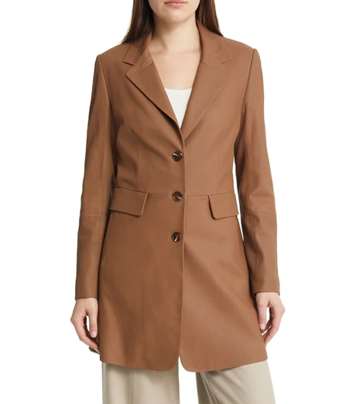 Addalyn Womens Plain Tan Brown Leather Coat