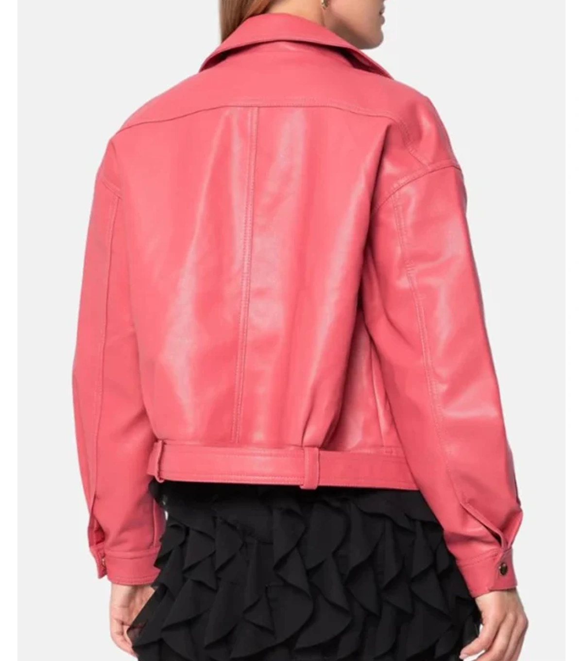 Ainsley Womens Plain Pink Leather Biker Jacket - Image 5