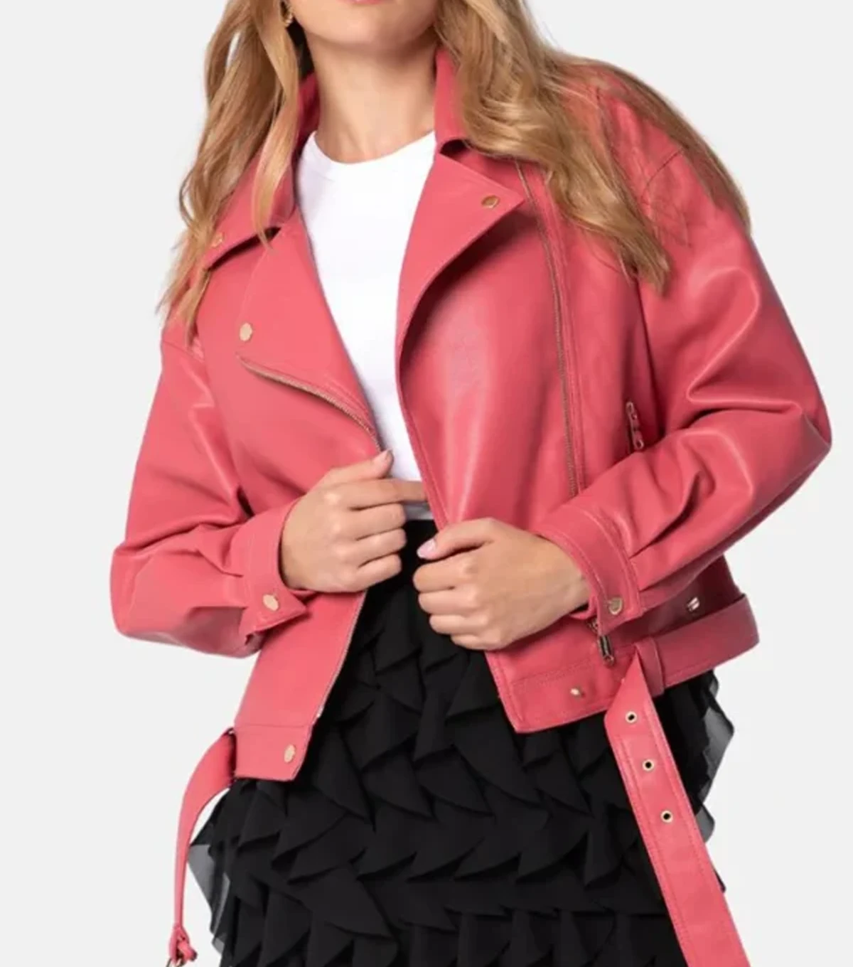 Ainsley Womens Plain Pink Leather Biker Jacket - Image 4