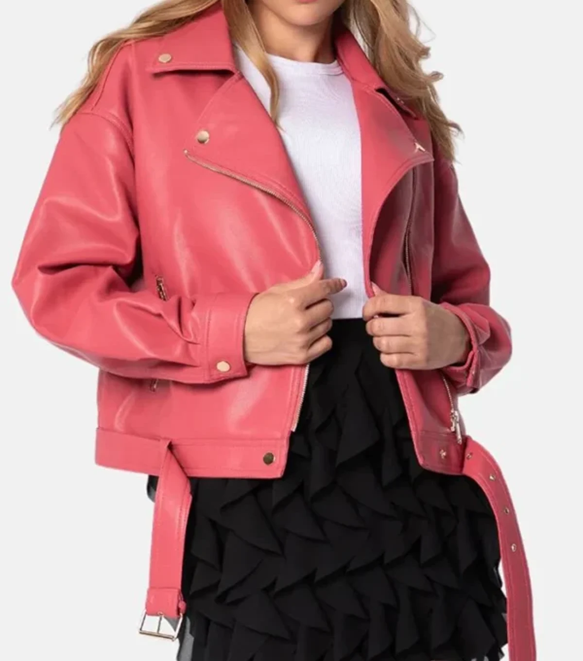 Ainsley Womens Plain Pink Leather Biker Jacket - Image 3