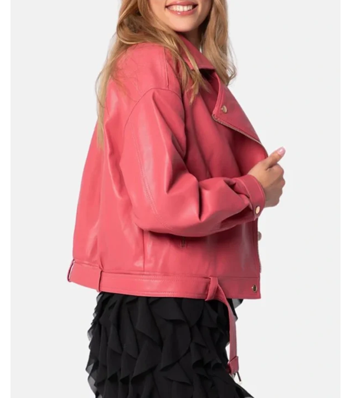 Ainsley Womens Plain Pink Leather Biker Jacket - Image 2